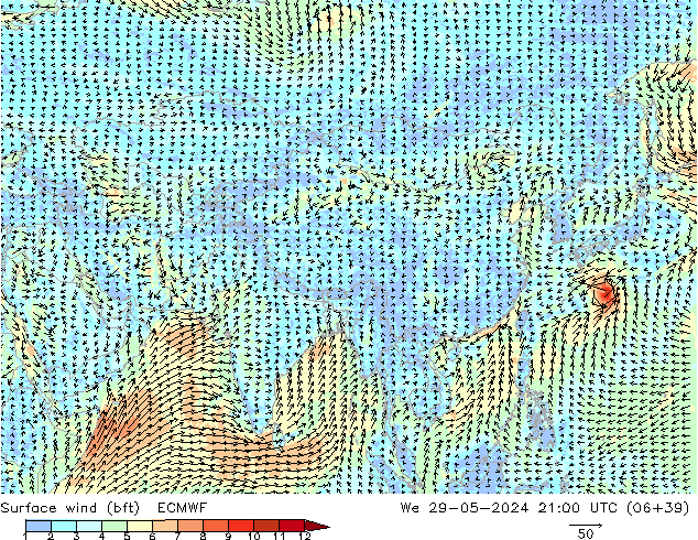 Surface wind (bft) ECMWF We 29.05.2024 21 UTC