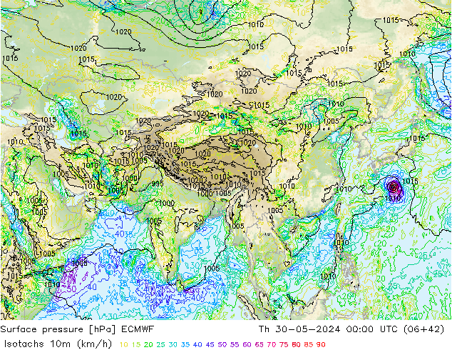 Isotachs (kph) ECMWF Th 30.05.2024 00 UTC