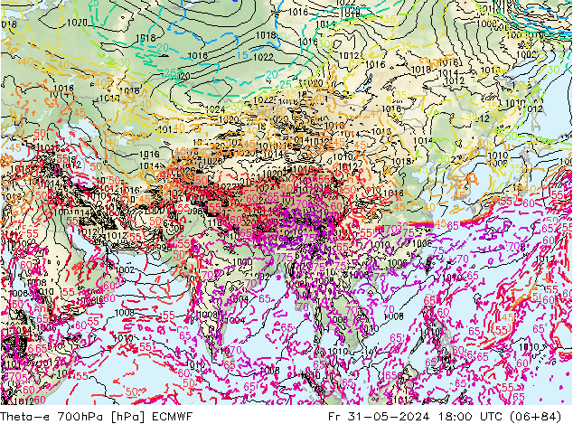 Theta-e 700hPa ECMWF ven 31.05.2024 18 UTC