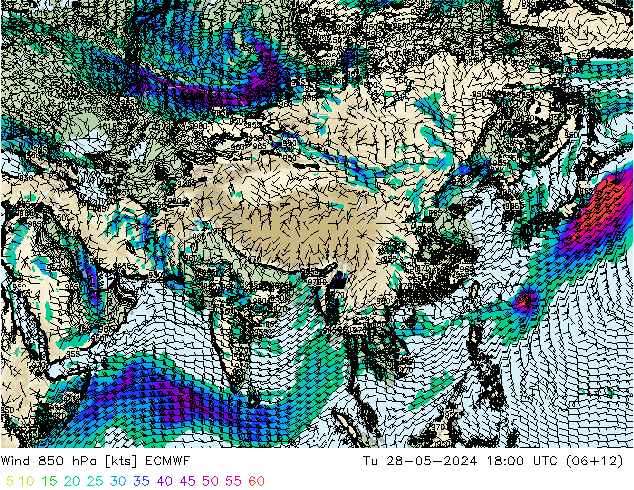 Wind 850 hPa ECMWF Tu 28.05.2024 18 UTC