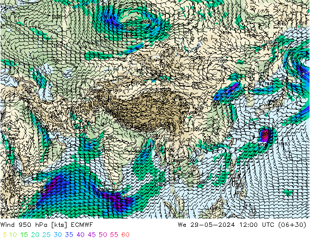 Vent 950 hPa ECMWF mer 29.05.2024 12 UTC