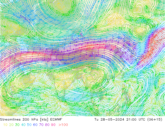 Streamlines 200 hPa ECMWF Út 28.05.2024 21 UTC