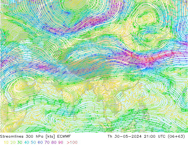 Streamlines 300 hPa ECMWF Th 30.05.2024 21 UTC