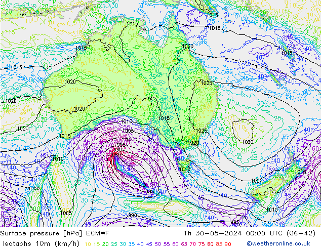 Isotachs (kph) ECMWF Čt 30.05.2024 00 UTC