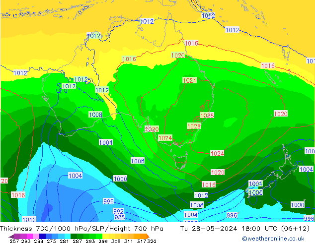 Thck 700-1000 hPa ECMWF Tu 28.05.2024 18 UTC