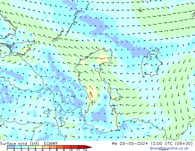 Vent 10 m (bft) ECMWF mer 29.05.2024 12 UTC