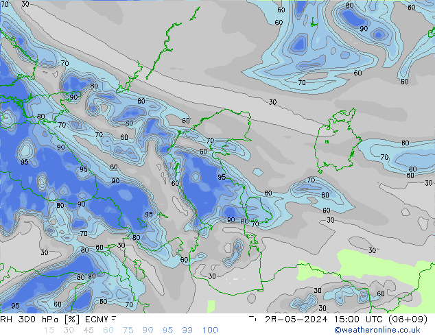 Humidité rel. 300 hPa ECMWF mar 28.05.2024 15 UTC