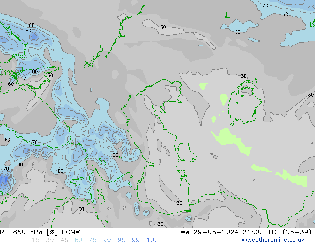 Humedad rel. 850hPa ECMWF mié 29.05.2024 21 UTC