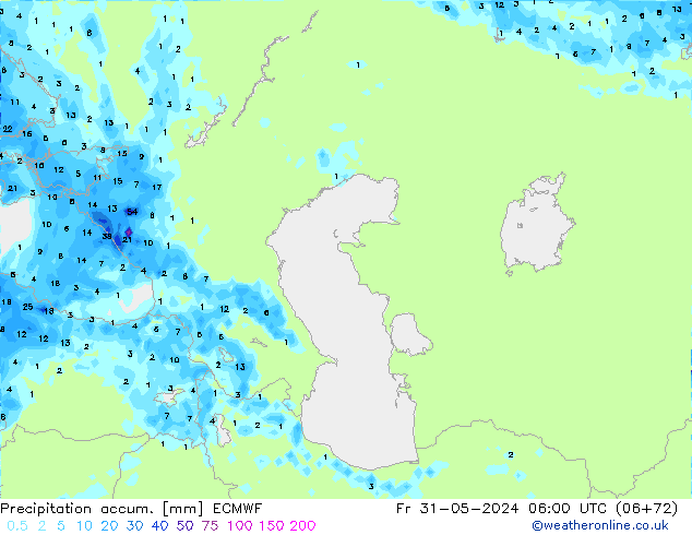 Precipitation accum. ECMWF Fr 31.05.2024 06 UTC