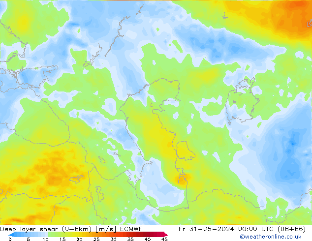 Deep layer shear (0-6km) ECMWF Cu 31.05.2024 00 UTC