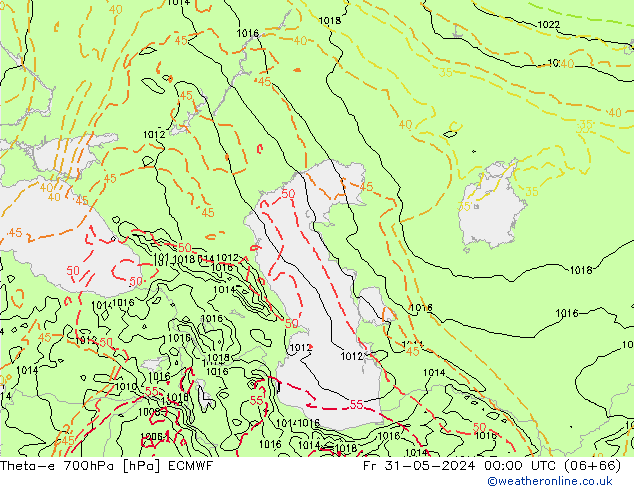 Theta-e 700hPa ECMWF Fr 31.05.2024 00 UTC