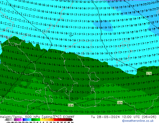 Z500/Rain (+SLP)/Z850 ECMWF Út 28.05.2024 12 UTC