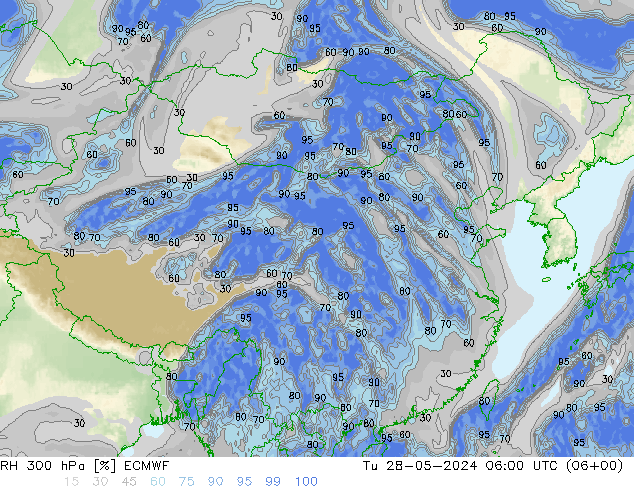 RH 300 гПа ECMWF вт 28.05.2024 06 UTC