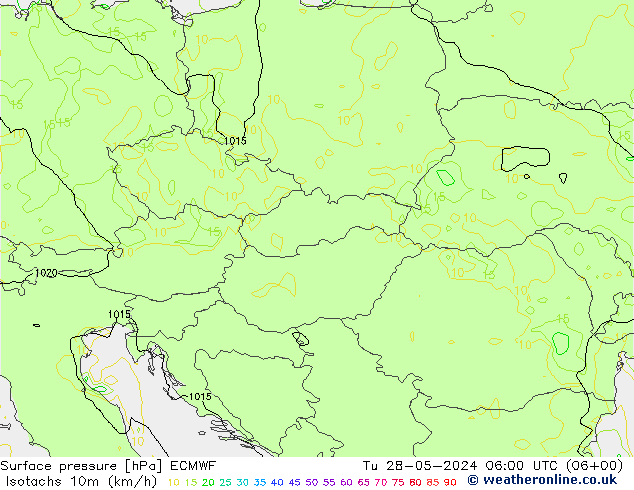 Izotacha (km/godz) ECMWF wto. 28.05.2024 06 UTC