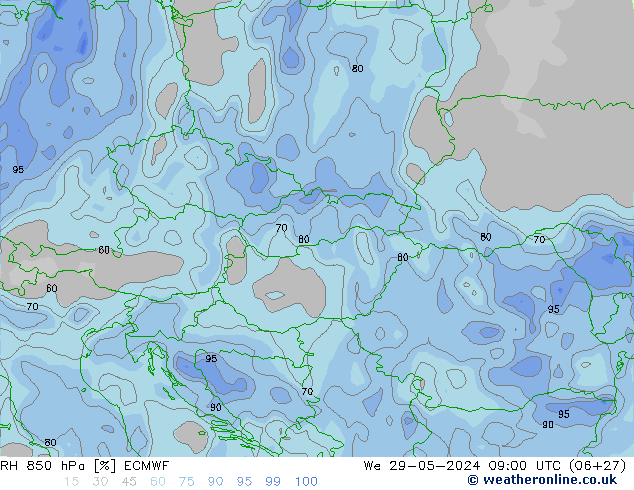 Humidité rel. 850 hPa ECMWF mer 29.05.2024 09 UTC