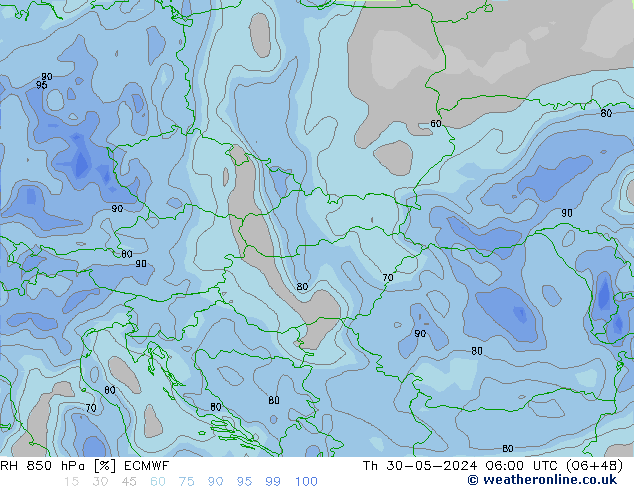 RH 850 гПа ECMWF чт 30.05.2024 06 UTC