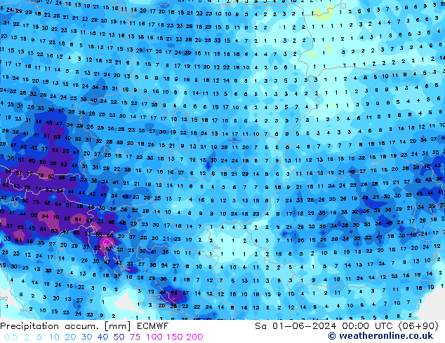 Precipitation accum. ECMWF sab 01.06.2024 00 UTC