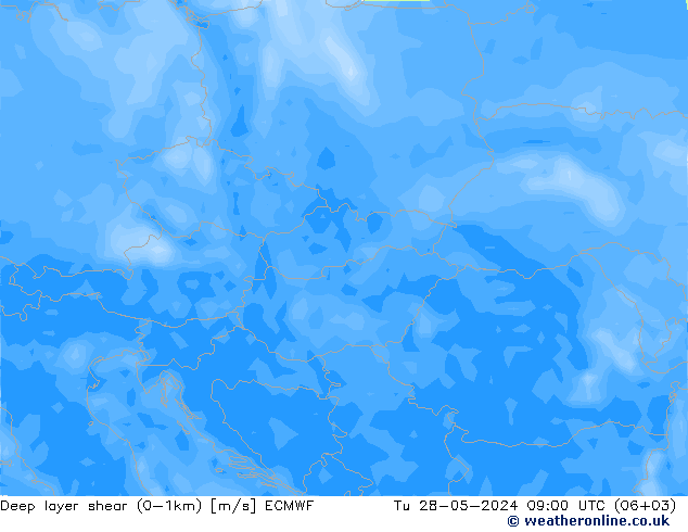 Deep layer shear (0-1km) ECMWF Út 28.05.2024 09 UTC