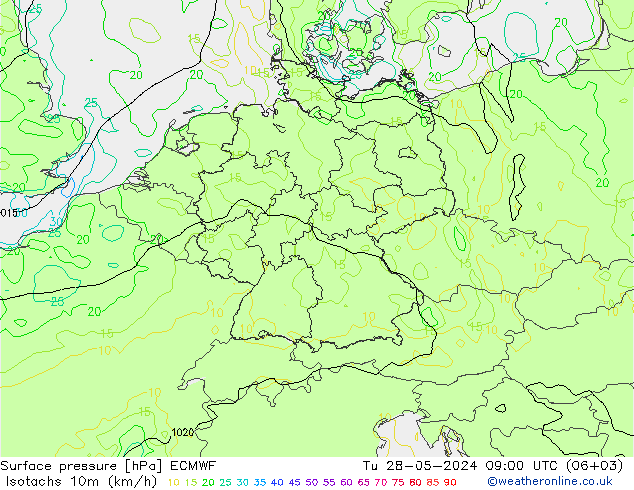 Izotacha (km/godz) ECMWF wto. 28.05.2024 09 UTC