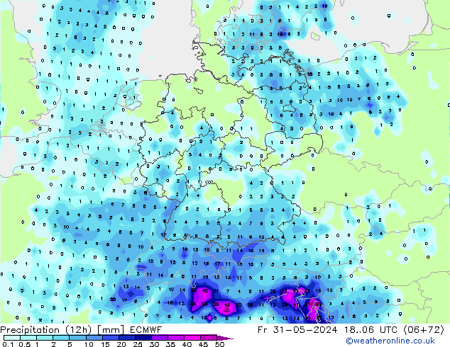 Precipitation (12h) ECMWF Pá 31.05.2024 06 UTC