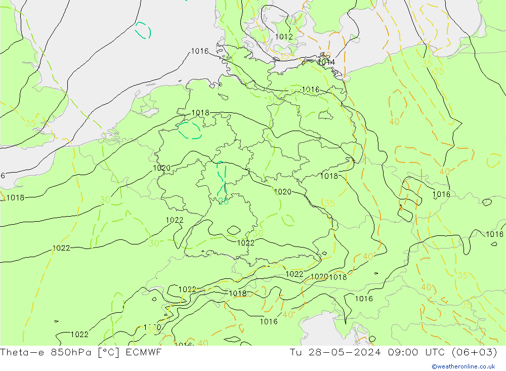 Theta-e 850hPa ECMWF Tu 28.05.2024 09 UTC