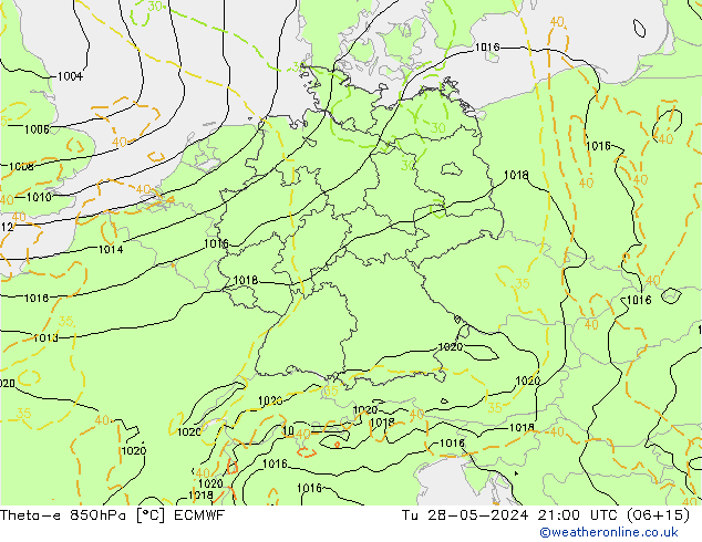 Theta-e 850hPa ECMWF mar 28.05.2024 21 UTC