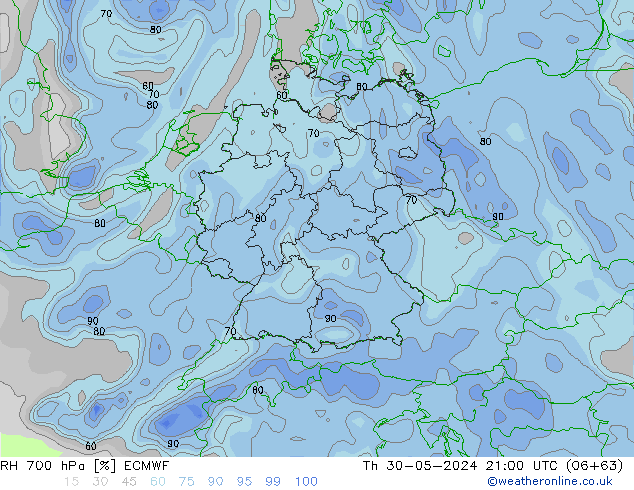 RH 700 hPa ECMWF Qui 30.05.2024 21 UTC