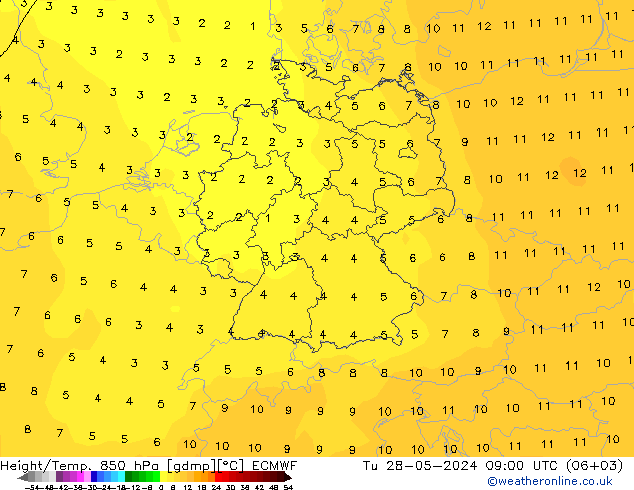 Height/Temp. 850 hPa ECMWF Út 28.05.2024 09 UTC