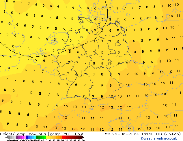 Height/Temp. 850 hPa ECMWF mer 29.05.2024 18 UTC