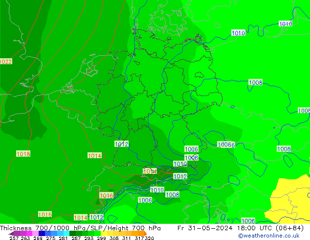 Thck 700-1000 hPa ECMWF Fr 31.05.2024 18 UTC