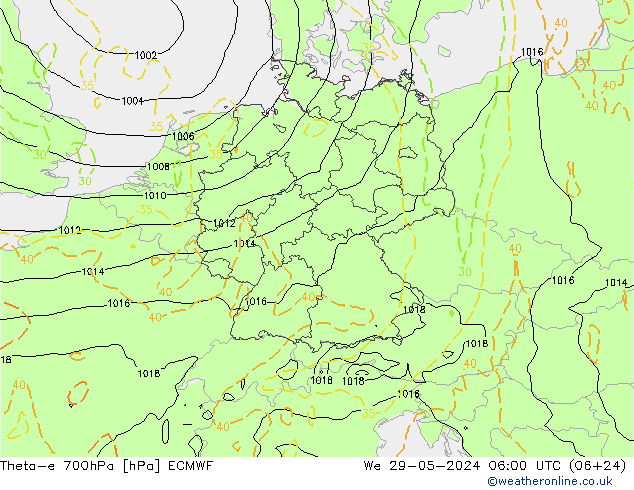 Theta-e 700hPa ECMWF mer 29.05.2024 06 UTC