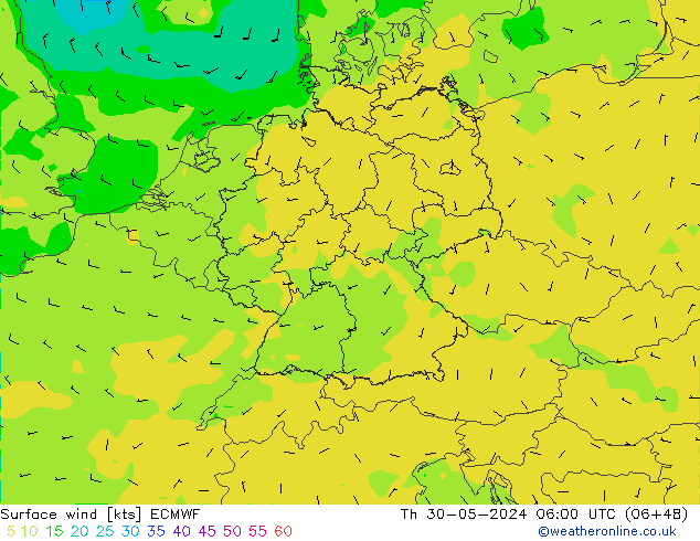 Wind 10 m ECMWF do 30.05.2024 06 UTC