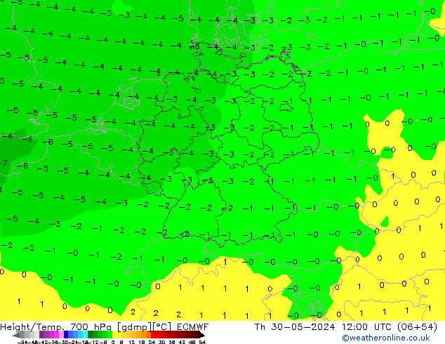 Hoogte/Temp. 700 hPa ECMWF do 30.05.2024 12 UTC