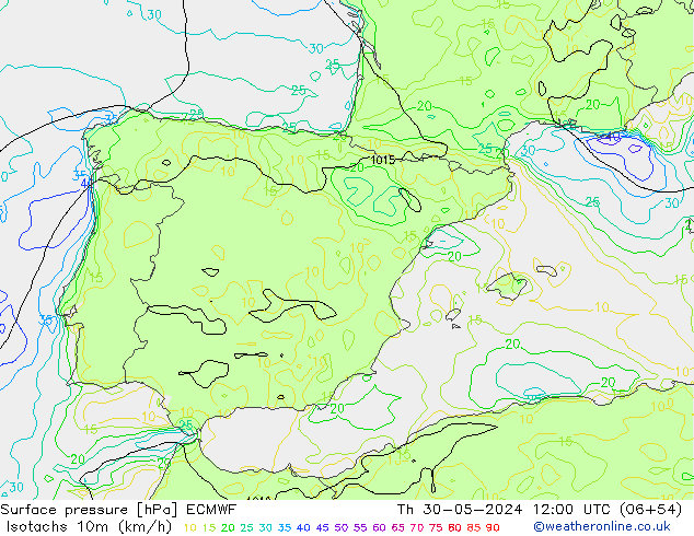 Isotachs (kph) ECMWF  30.05.2024 12 UTC