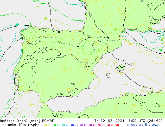 Isotachen (mph) ECMWF Do 30.05.2024 18 UTC