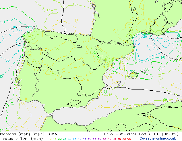 Isotachs (mph) ECMWF Fr 31.05.2024 03 UTC