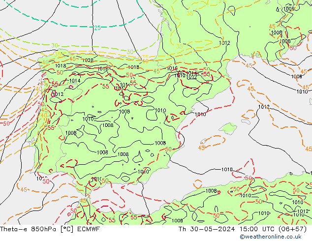Theta-e 850hPa ECMWF czw. 30.05.2024 15 UTC
