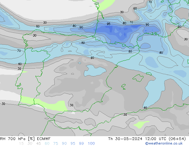 RH 700 hPa ECMWF Th 30.05.2024 12 UTC