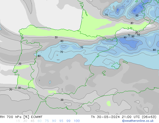 RH 700 hPa ECMWF czw. 30.05.2024 21 UTC