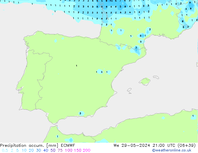 Precipitation accum. ECMWF We 29.05.2024 21 UTC