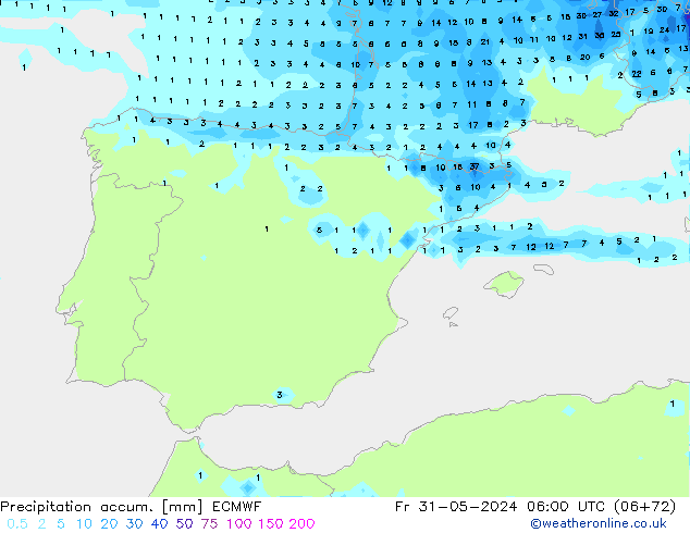 Precipitation accum. ECMWF Fr 31.05.2024 06 UTC