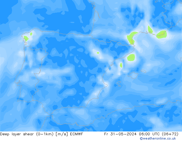 Deep layer shear (0-1km) ECMWF Pá 31.05.2024 06 UTC