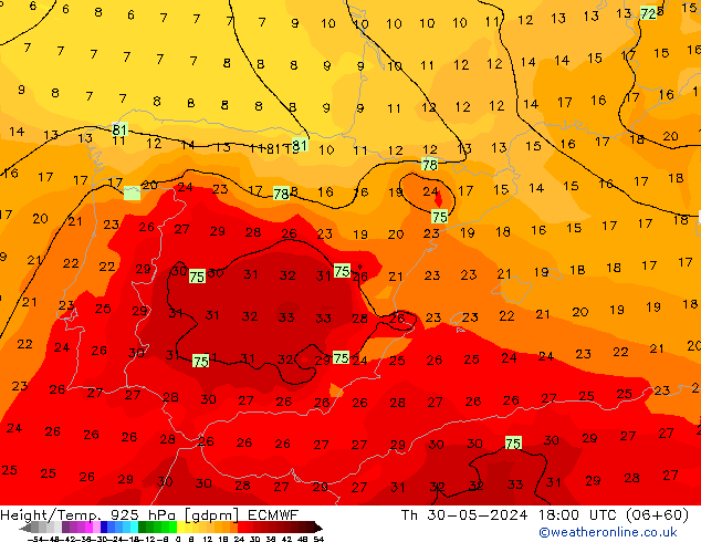 Height/Temp. 925 hPa ECMWF Qui 30.05.2024 18 UTC