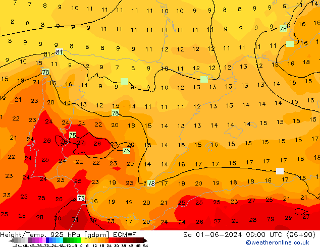 Height/Temp. 925 hPa ECMWF Sa 01.06.2024 00 UTC