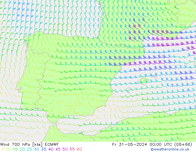 Vento 700 hPa ECMWF ven 31.05.2024 00 UTC