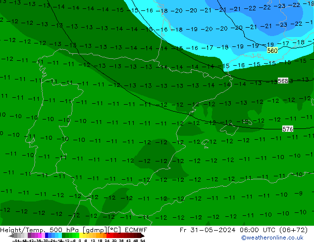 Height/Temp. 500 hPa ECMWF Fr 31.05.2024 06 UTC