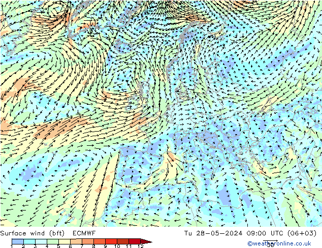 ве�Bе�@ 10 m (bft) ECMWF вт 28.05.2024 09 UTC