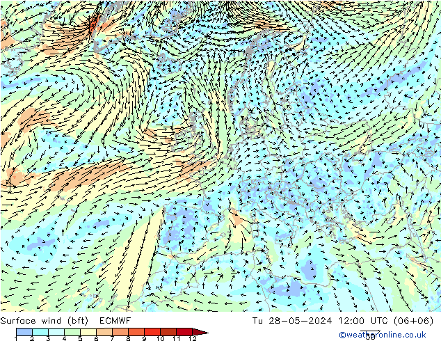 Bodenwind (bft) ECMWF Di 28.05.2024 12 UTC