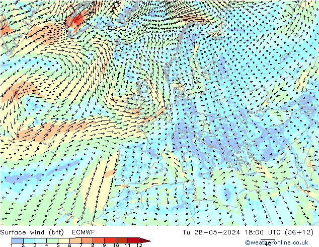Surface wind (bft) ECMWF Út 28.05.2024 18 UTC