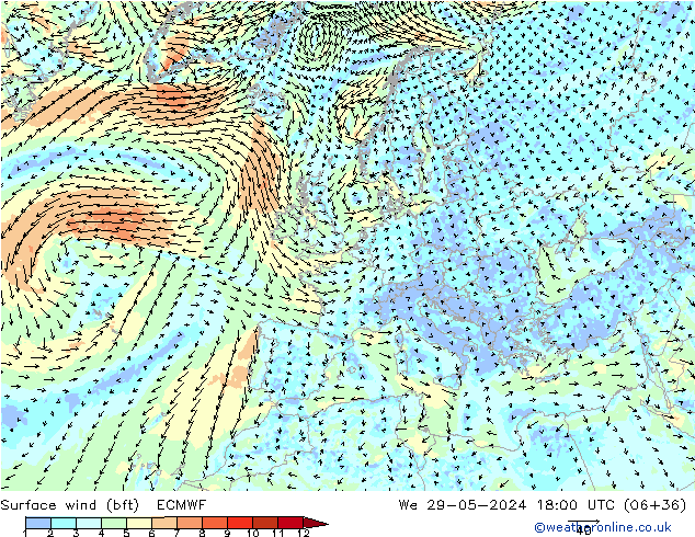 Viento 10 m (bft) ECMWF mié 29.05.2024 18 UTC